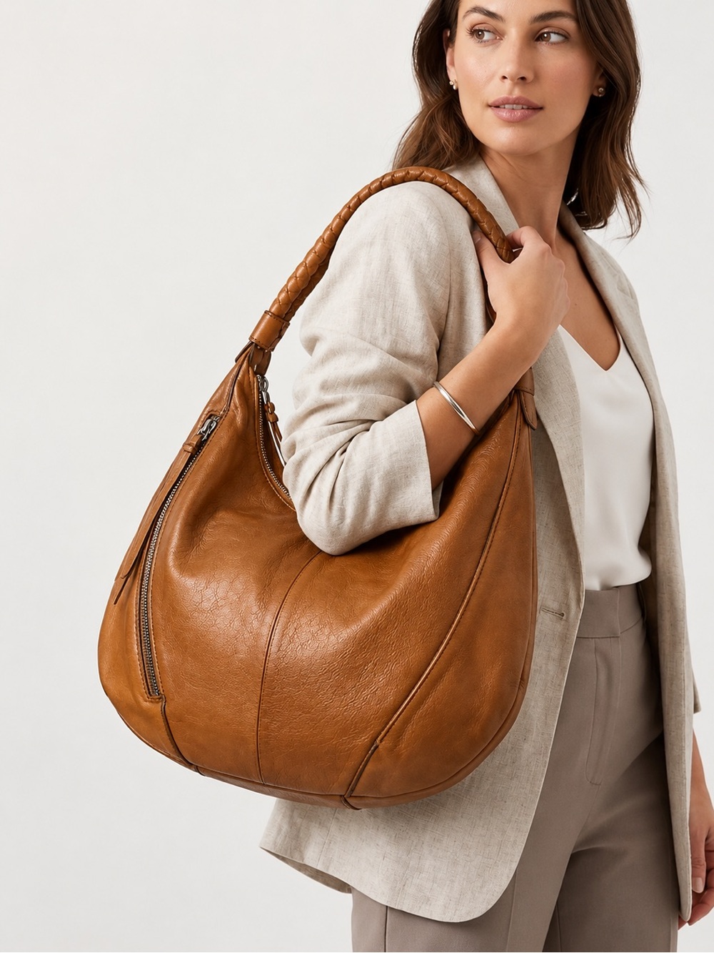 Classic Cognac Leather Hobo Bag with Braided Handle
